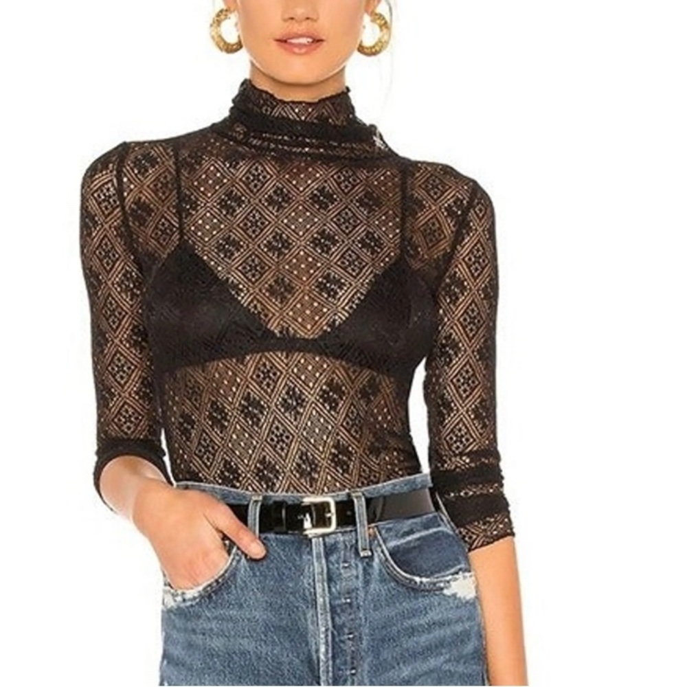 Intimately Free People Sheer Lace Black Turtleneck